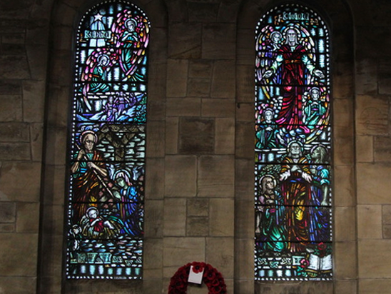 Two stained glass windows within Carriden Church
